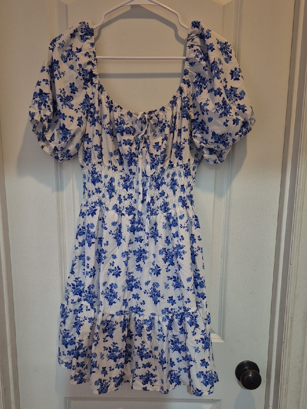 White Dress with Blue Floral Print